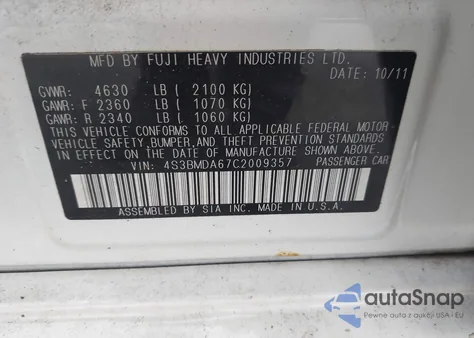 2012 Subaru Legacy 3.6R from USA, damaged, VIN 4S3BMDA67C2009357